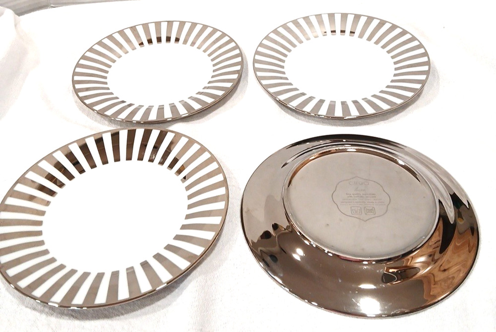 Ciora Luxe Veluto 7.5" Porcelain Plates Set 4 Silver Mirrored Metallic Stripes